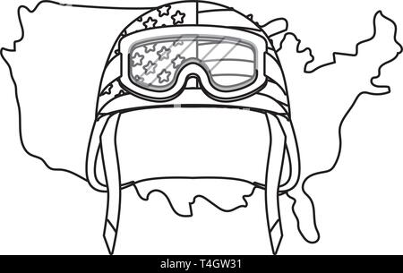 Usa Karte und militärischen Helm icon Cartoon schwarz und weiß Vector Illustration graphic design Stock Vektor