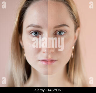 Beauty concept - retuschieren Vor und Nach. Schöne Frau mit blauen Augen. Stockfoto