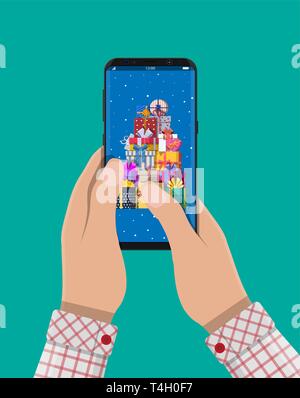 Hand hält Smartphone und senden Geschenk. Stapel der Geschenkboxen. Bunte gewickelt. Verkauf, shopping. Vorhanden Boxen in verschiedenen Größen mit Schleifen und Bänder. Vec Stock Vektor