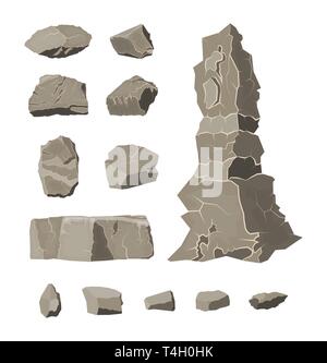 Satz von Stein. Steine und Felsen in variuos Größen. Reihe von Felsbrocken. Vector Illustration im flachen Stil Stock Vektor