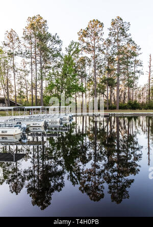 Okefenokee Swamp, Bucharest, GA, USA -3/29/19: Der Kanal am östlichen Eingang zum Sumpf, mit schnellbooten am Dock. Stockfoto