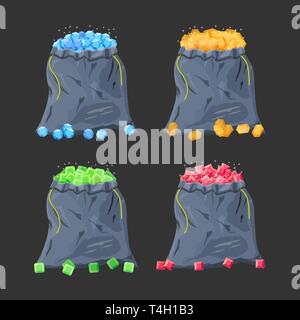 Tuch Stoff Geld Beutel voll von verschiedenen Diamanten. Sack mit Edelsteinen. Spiel Elemente der Benutzeroberfläche. Spende, microtransacton. Vector Illustration im flachen Stil Stock Vektor