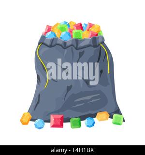 Tuch Stoff Geld Beutel voll von verschiedenen Diamanten. Sack mit Edelsteinen. Spiel Elemente der Benutzeroberfläche. Spende, microtransacton. Vector Illustration im flachen Stil Stock Vektor