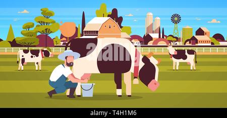 Männliche Bauern melken Kuh im Eimer Bauernhof Haustier Rinder frische Milch Konzept waagrechten Ackerland Scheune Landschaft Landschaft flach in voller Länge Stock Vektor