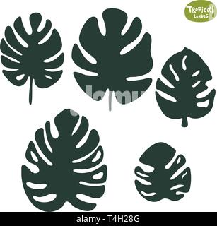 Tropisches Doodle Monstera verlässt die Kollektion. Satz von Vektor-isolierten Silhouetten auf weißem Hintergrund. Stock Vektor
