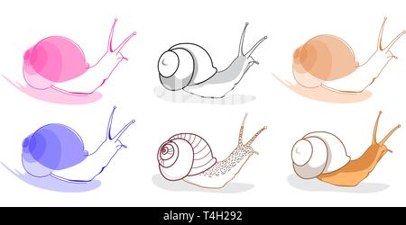 Set aus bunten Garten Schnecken mit Muscheln Sammlung kawaii Stil Hand gezeichnete Skizze weißen Hintergrund horizontal Vector Illustration Stock Vektor