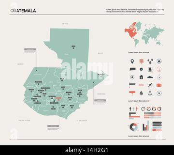 Vektorkarte in Guatemala. Hoch detaillierte Landkarte mit Abteilung, Städte und Kapital. Politische Landkarte, Weltkarte, infografik Elemente. Stock Vektor