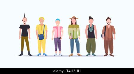 Happy and Männer gemeinsam lächelnd Kerle mit verschiedenen Frisuren tragen trendige Kleidung männlich Zeichentrickfiguren in voller Länge flache weiße Stock Vektor