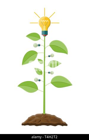Leuchtende Glühbirne hängen am Baum mit grünen Blättern. Idee Baum. Konzept der kreative Idee oder Inspiration. Glaskolben mit Spirale. Vector Illustration Stock Vektor