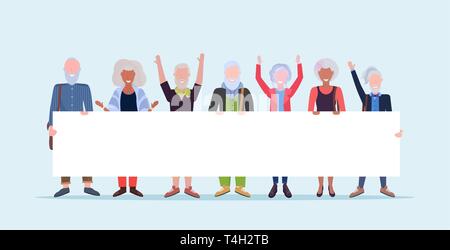 Reife Männer Frauen zusammen, die leere Plakette Schild demonstration Konzept älterer grauhaariger Mix rennen Leute männlich weiblich Cartoon Stock Vektor