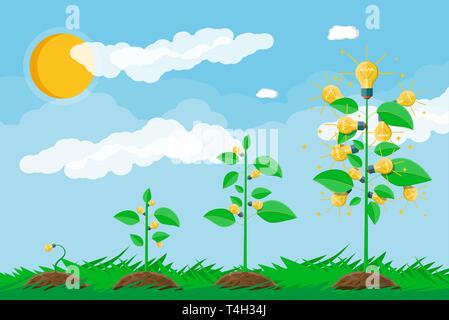 Leuchtende Glühbirne hängen am Baum mit grünen Blättern. Idee Baum. Konzept der kreative Idee oder Inspiration. Glaskolben mit Spirale. Gras, Himmel mit Clou Stock Vektor