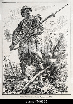 Pour la Gloire de la France/Frankreich's Glory, WK 1 Zeichnung von englischen Illustrator Bernard Partridge, französischer Soldat mit Gewehr und Bajonett Stockfoto