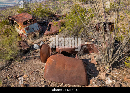 1940 s Auto Wrack in der Chihuahuan Wüste Grenzland aufgegeben, River Road, Big Bend National Park, Texas, USA Stockfoto
