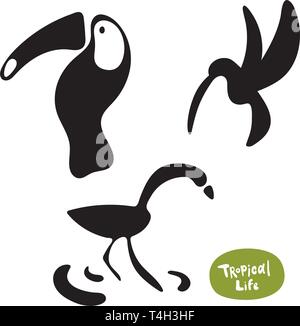 Vector setzt schöne exotische Vögel des Amazonas-Regenwaldes. Tucan, Kolibris und Flamingo-Doodle isolierte Silhouetten auf weißem Hintergrund. Stock Vektor