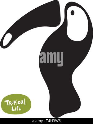 Vektor isolierte Doodle, handgezeichnete Tukan-Silhouette auf weißem Hintergrund. Schöner exotischer Vogel des Amazonas-Regenwaldes. Stock Vektor