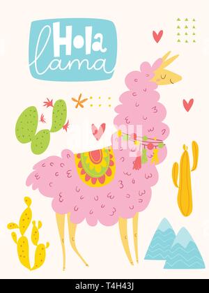 Vektor Poster oder Karte mit cute cartoon Lama und Kakteen Stock Vektor