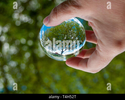 Eine nicht erkennbare Person mit einem Kristall Kugel in seiner Hand mit einer Landschaft Reflexion Stockfoto