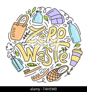 Null Abfall Konzept. Eco Lebensstil. Kein Kunststoff. Recycling und Wiederverwendung. Schriftzug mit Hand gezeichnete Elemente. Moderne lineare doodle Stil. Vector Illustration. Stock Vektor