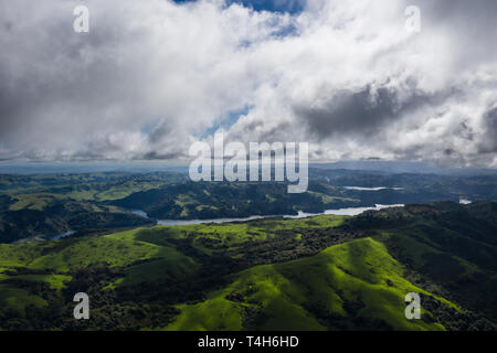 Ein schöner Morgen leuchtet die grüne Hügel rund um den San Pablo Reservoir in Nordkalifornien. Ein nasser Winter hat üppige Vegetation Wachstum verursacht. Stockfoto