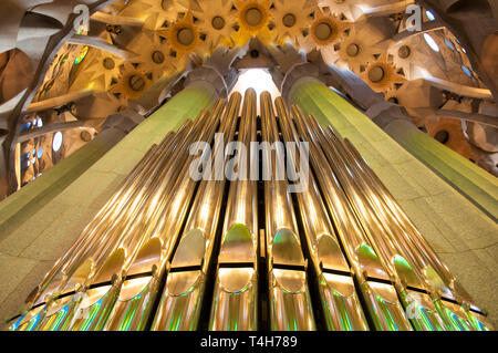 Orgel hinter dem Altar im Expiatory Temple der Sagrada Familia, entworfen vom Architekten Antoni Gaudi, Barcelona, ​​Catalonia, Spanien Stockfoto