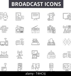 Broadcast line Symbole, Zeichen, Vektor. Broadcast Entwurfskonzept Abbildung: Antenne, Kommunikation, Technologie, Internet, Radio, Rundfunk, angeschlossen sein. Stock Vektor