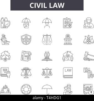 Zivilrecht Zeile für Symbole, Zeichen, Vektor. Zivilrecht Entwurfskonzept Abbildung: Rechtsanwalt, Wirtschaft, Recht, Richter, Straf-, Zivil, Gericht, Linie Stock Vektor
