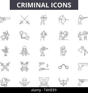 Kriminelle Zeile für Symbole, Zeichen, Vektor. Kriminelle Entwurfskonzept Abbildung: Kriminelle, Kriminalität, Sicherheit, Dieb, isoliert, schwarz Stock Vektor
