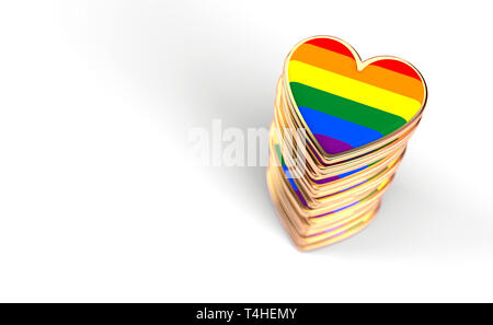 Goldenes Herz mit Regenbogen Flagge im Stapel oder Stapeln. Gay Pride, Lesben, Bisexuelle, Homosexuelle symbol Konzept. Auf weißem Hintergrund mit Kopie spa Isoliert Stockfoto