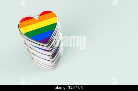 Silber Herzen mit Regenbogen Flagge im Stapel oder Stapeln. Gay Pride, Lesben, Bisexuelle, Homosexuelle symbol Konzept. Auf pastellgrün Hintergrund mit c Isoliert Stockfoto