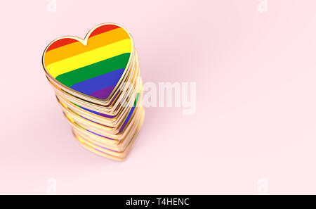 Goldenes Herz mit Regenbogen Flagge im Stapel oder Stapeln. Gay Pride, Lesben, Bisexuelle, Homosexuelle symbol Konzept. Auf Pastell rosa Hintergrund mit Co isoliert Stockfoto