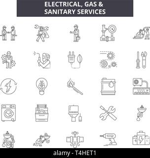 Elektrische Gas & Sanitär Dienstleistungen Zeile für Symbole, Zeichen, Vektor. Elektrische Gas & Sanitär Dienstleistungen Entwurfskonzept Abbildung: isoliert, Service, Fu Stock Vektor