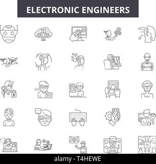 Elektronische Ingenieure Zeile für Symbole, Zeichen, Vektor. Elektronische Ingenieure Entwurfskonzept Abbildung: Computer, Maschinenbau, Elektronik, Elektrik, depr Stock Vektor