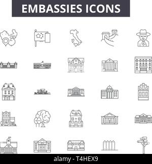 Botschaften Zeile für Symbole, Zeichen, Vektor. Botschaften Entwurfskonzept Abbildung: Botschaft, Geschäft, Gebäude, Regierung, Universität Stock Vektor