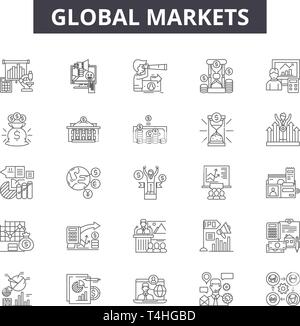 Die globalen Märkte Zeile für Symbole, Zeichen, Vektor. Die globalen Märkte Entwurfskonzept Abbildung: Marketing, Internet, global, Netzwerk, Web, Business, Technology, s Stock Vektor