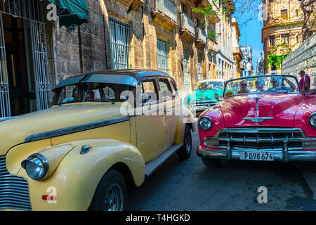 Bunte klassische amerikanische Autos fahren Sie durch die Gassen der Altstadt oder Havanna Vieja Havanna, Kuba, Karibik Stockfoto