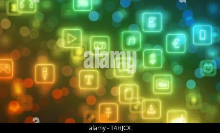 Fluss der Smartphone App Icons. neon Style leuchtende Symbole. 3D-Darstellung Stockfoto