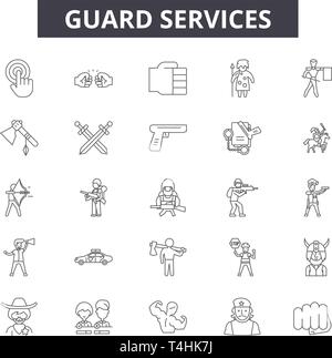 Wachdienste Zeile für Symbole, Zeichen, Vektor. Wachdienste Entwurfskonzept Abbildung: Guard, Service, Sicherheit, deflat Stock Vektor