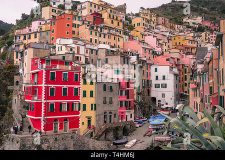 Riomaggiore Dorf in einem kleinen Tal, Cinque Terre, Ligurien Stockfoto