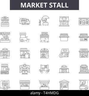 Markt Zeile für Symbole, Zeichen, Vektor. Marktstand Entwurfskonzept Abbildung: Stall, Markt, Geschäft, Geschäft, Business, Kiosk, Essen Stock Vektor