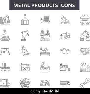 Produkte aus Metall Zeile für Symbole, Zeichen, Vektor. Produkte aus Metall Entwurfskonzept Abbildung: Metall, isoliert, Produkt-, Industrie-, Eisen-, Stahl Stock Vektor