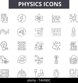 Physik Zeile für Symbole, Zeichen, Vektor. Physik Entwurfskonzept Abbildung: Wissenschaft, Physik, Atom, Chemie, Molekül, Technologie, Medizin Stock Vektor