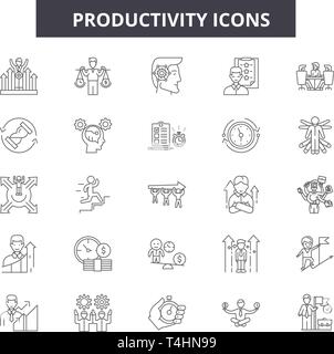 Produktivität Zeile für Symbole, Zeichen, Vektor. Produktivität Entwurfskonzept, Illustration: Produktivität, Wirtschaft, Management, Uhr, Zeit, Arbeit, Konzept Stock Vektor