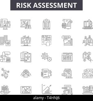 Risikobewertung Zeile für Symbole, Zeichen, Vektor. Risikobewertung Entwurfskonzept, Illustration: Risiko, Bewertung, Analyse, Business, Management, Steuerung Stock Vektor