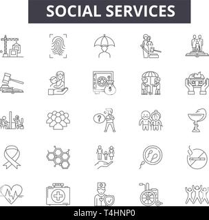 Soziale Dienste Zeile für Symbole, Zeichen, Vektor. Soziale Dienste übersicht Konzept, Illustration: Service, soziale Unterstützung, Hand, Hilfe, Gruppe, Hilfe Stock Vektor