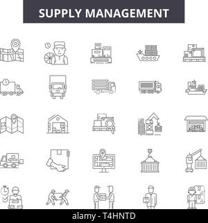 Supply Management Zeile für Symbole, Zeichen, Vektor. Supply Management Überblick Konzept, Illustration: Business, Verwaltung, Energieversorgung, Industrie, Lager Stock Vektor