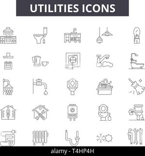 Dienstprogramme Zeile für Symbole, Zeichen, Vektor. Dienstprogramme Entwurfskonzept, Illustration: Energie, Strom, Wasser, Versorgung, Haus, Service Stock Vektor