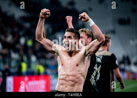 Lisandro Magallan von Ajax in der Champions League, Fußball: FC Juventus vs Ajax. Ajax gewann 1-2 bei der Allianz Stadion, in Turin, Italien, 16.Apr. Stockfoto