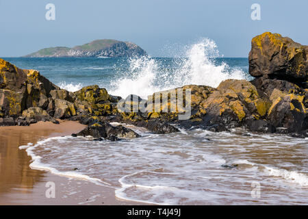 East Lothian, Schottland, Großbritannien, 17. April 2019. UK Wetter: Starker Wind erzeugt einen großen Wellengang im Meer im Forth of Forth mit Wellen, die entlang der Küste mit Blick auf Craigleith Island hinter einer felsigen Küste krachen Stockfoto