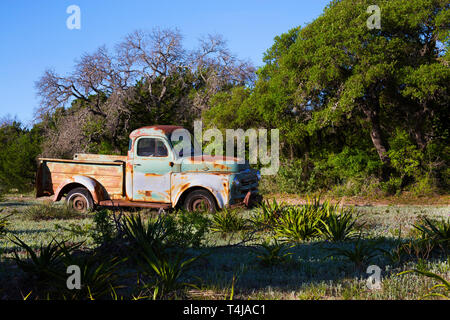 Alte Lkw in einem alten Feld in Hill Country, Texas wählen Stockfoto