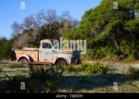 Alte Lkw in einem alten Feld in Hill Country, Texas wählen Stockfoto